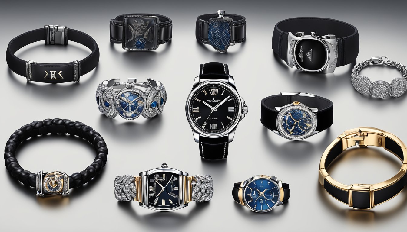 A display of luxury mens bracelet brands arranged on a sleek black velvet cushion, with soft lighting to highlight the intricate details and craftsmanship