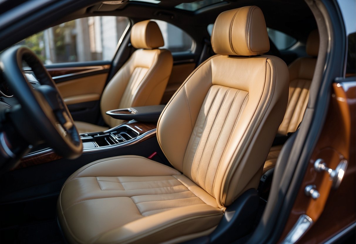 A car seat pressed against a luxurious leather interior, leaving behind visible indentations and creases