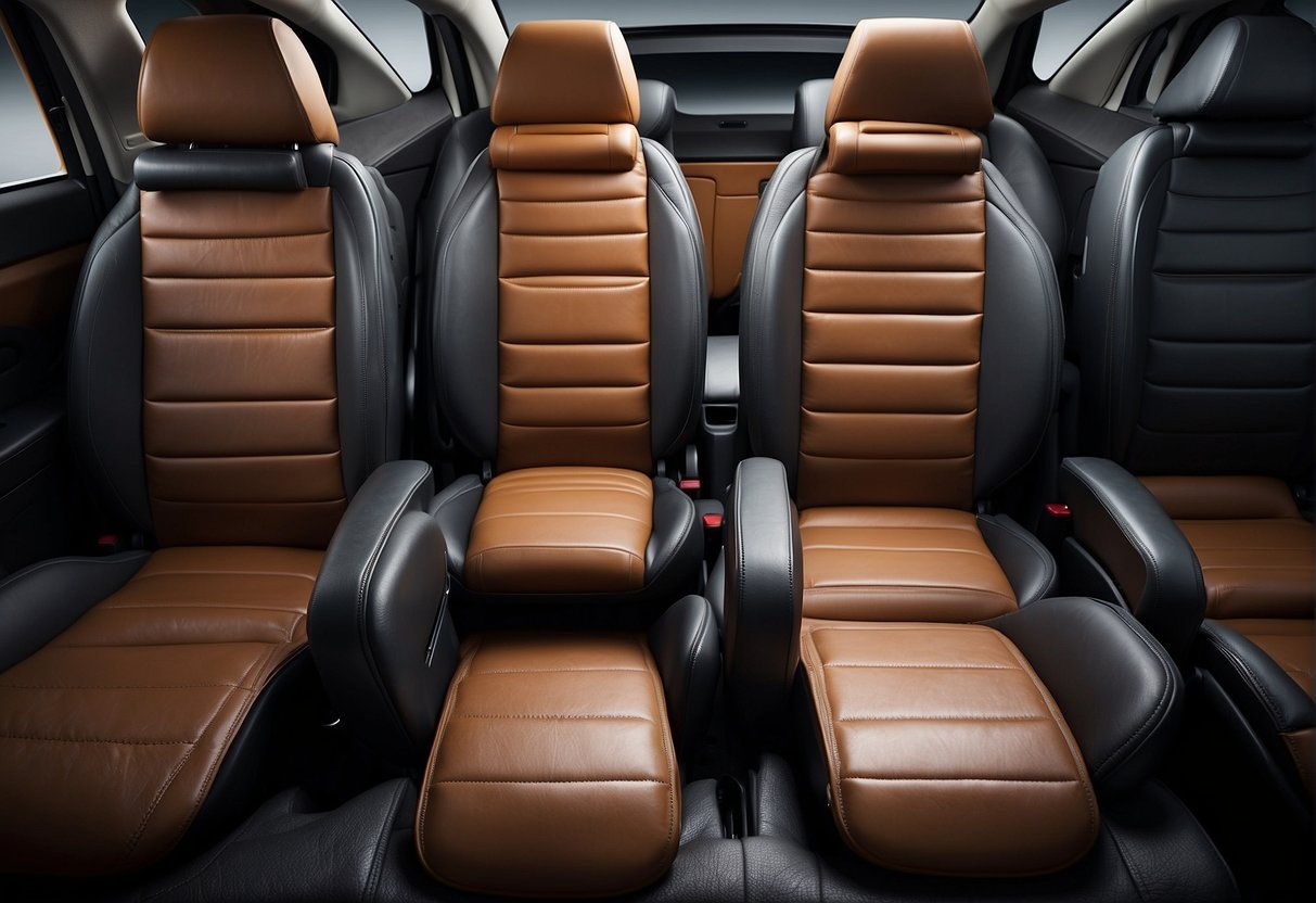 A leather car seat being impacted by different types of car seats, showing wear and tear