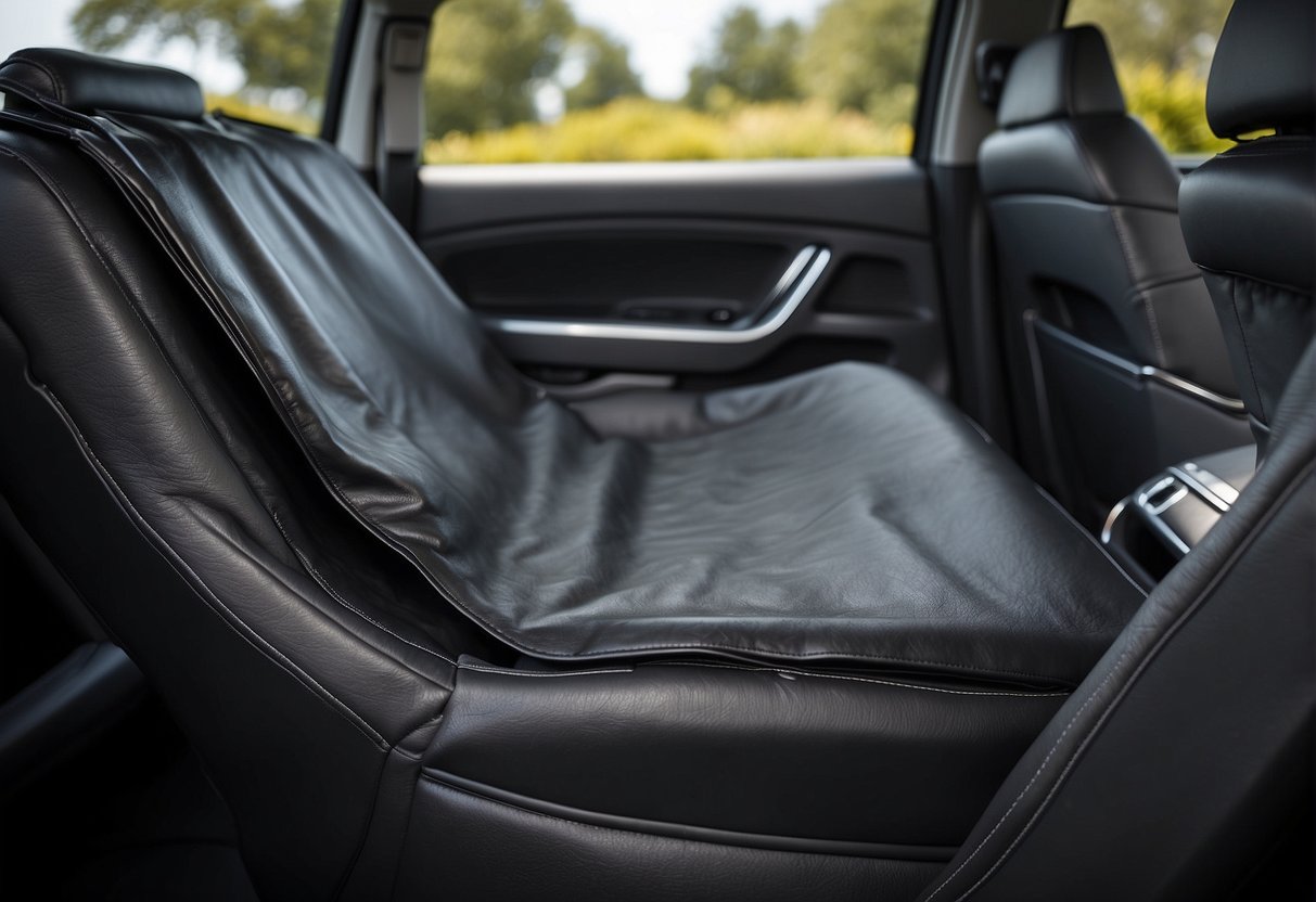A car seat protector is placed under a leather seat, shielding it from wear and tear. The leather is smooth and unblemished, showing no signs of damage