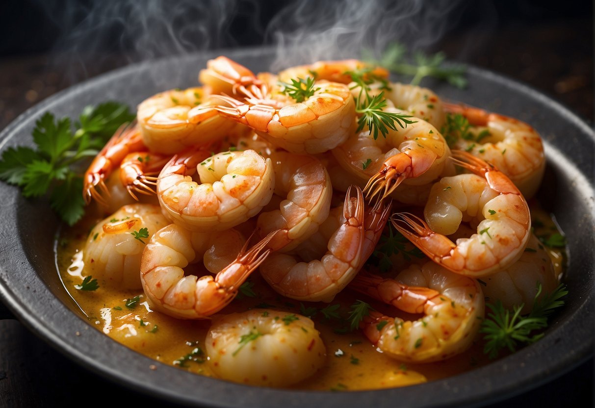 Golden prawns sizzle in a bubbling batter, surrounded by a colorful array of fresh herbs and spices. Steam rises from the sizzling pan, creating an enticing aroma