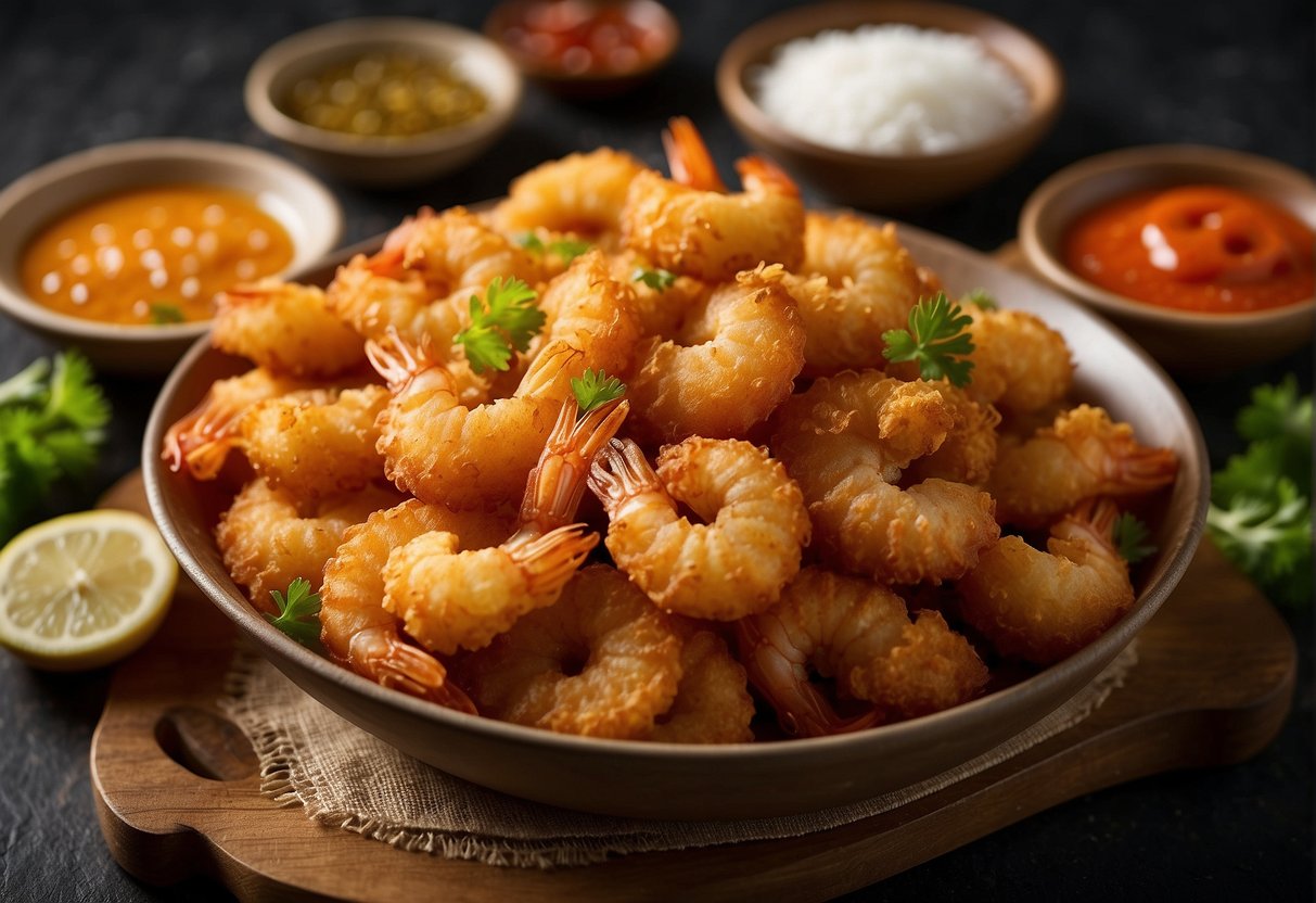 Golden, crispy prawns coated in a flavorful Chinese batter, surrounded by an array of vibrant sauces and seasonings