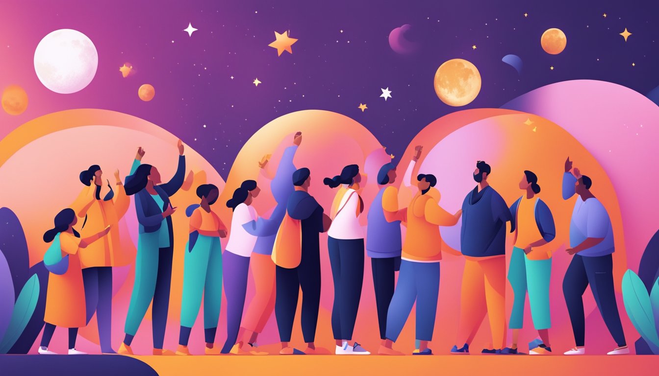 A group of diverse individuals interacting with the New Moon brand, expressing excitement and satisfaction. The brand logo is prominently displayed, and there is a sense of positive energy and connection among the consumers