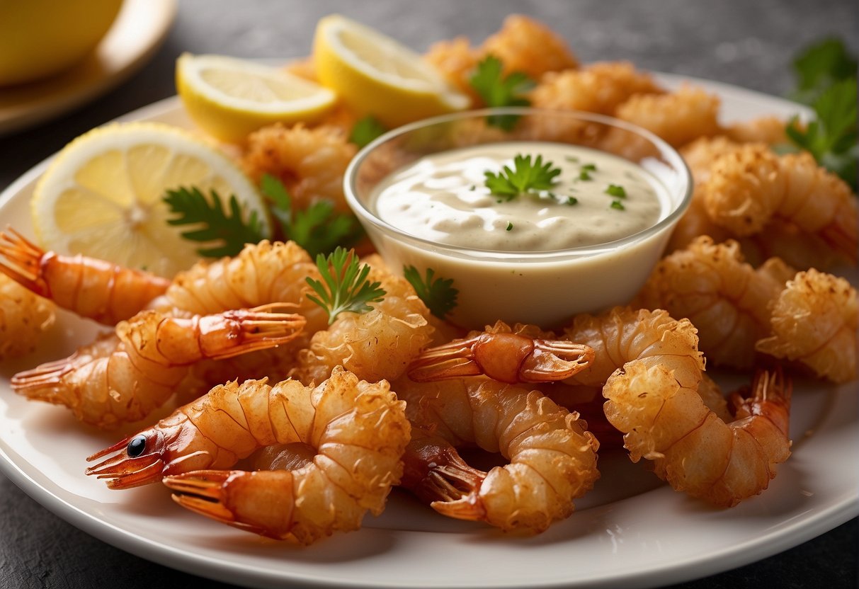 Golden crispy prawns arranged on a white platter with a side of dipping sauce, garnished with fresh herbs and a slice of lemon