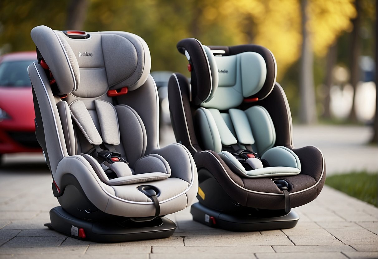 Two car seats, Cabriofix and Pebble Plus, displayed side by side with their features highlighted