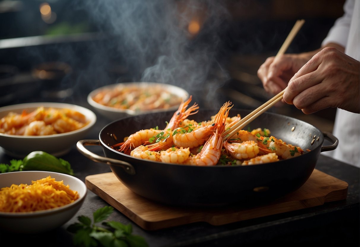 Golden battered prawns sizzle in a wok, surrounded by aromatic Chinese spices and herbs. A chef's hand holds a pair of chopsticks, ready to flip the prawns
