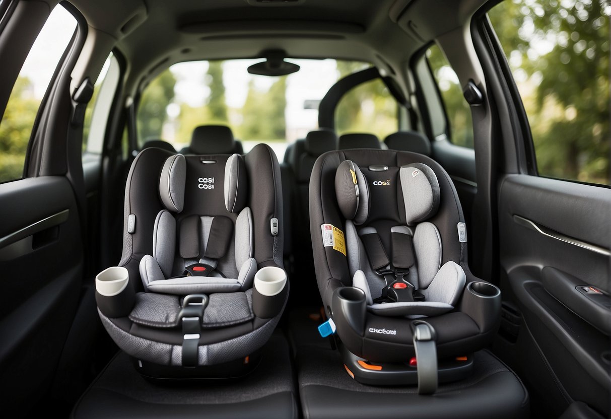 Two car seats, Maxi Cosi Cabriofix and Pebble Plus, side by side. Labelled features and dimensions for comparison