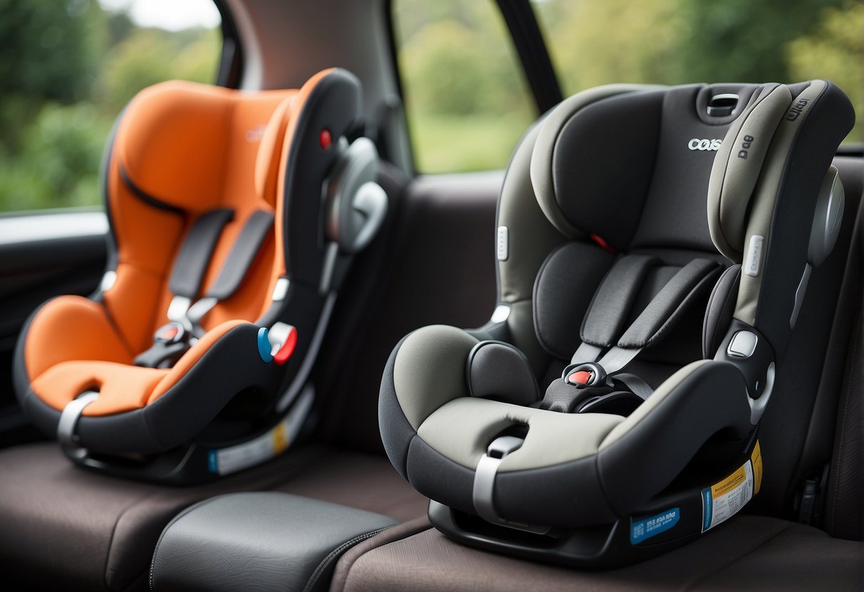 Two car seats side by side, Maxi Cosi Cabriofix and Pebble Plus, with user reviews and feedback displayed above them