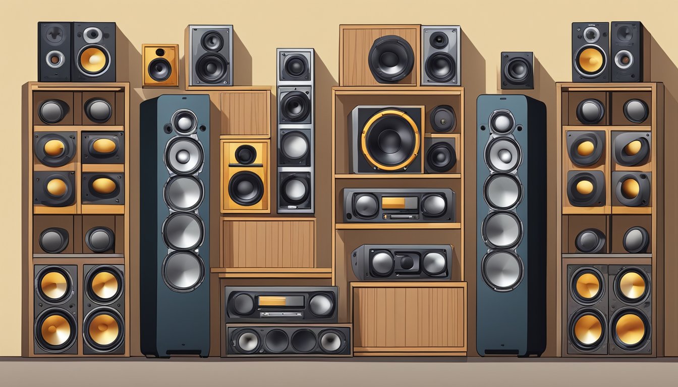 A variety of high-fidelity sound speakers displayed on shelves, with different sizes, shapes, and colors, surrounded by audio equipment and accessories