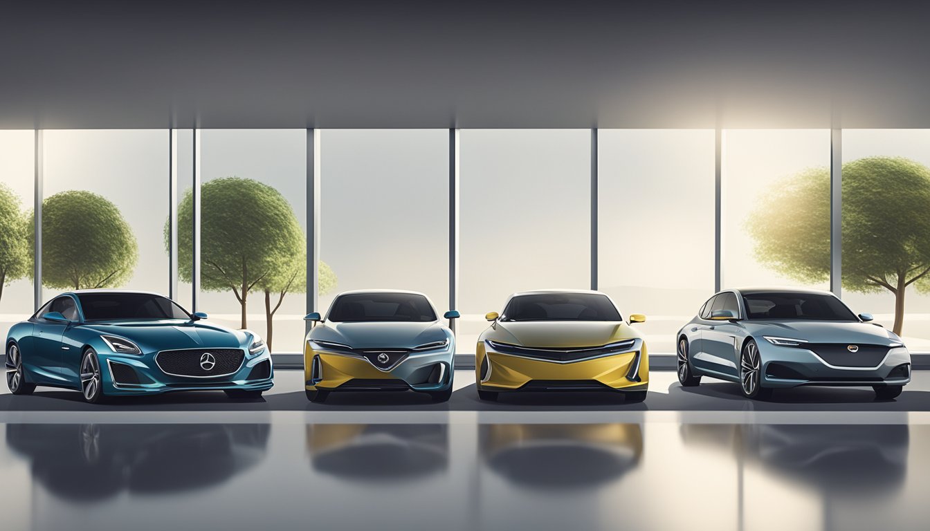 A row of sleek, modern cars lined up in a showroom, each bearing the logo of a top-rated car brand. The cars exude a sense of reliability and quality, with clean lines and polished finishes