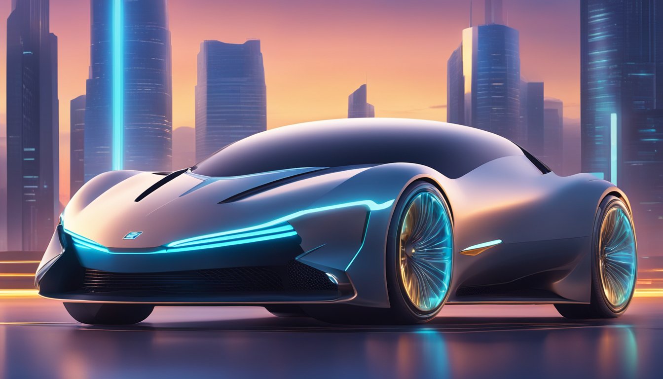 A sleek, modern car sits atop a pedestal, surrounded by glowing technology and futuristic gadgets, symbolizing innovation and reliability in the automotive industry