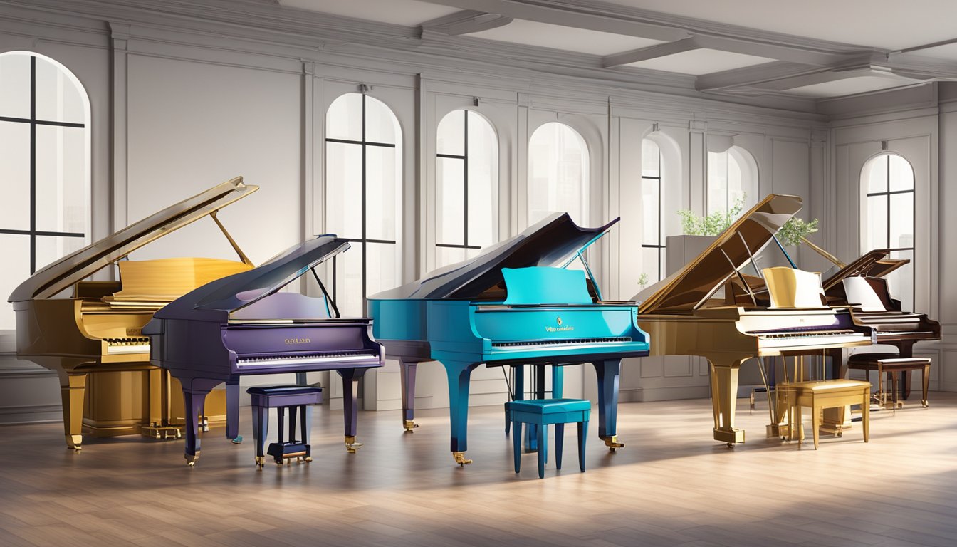 Various piano brands displayed in a showroom, each with its unique design and logo