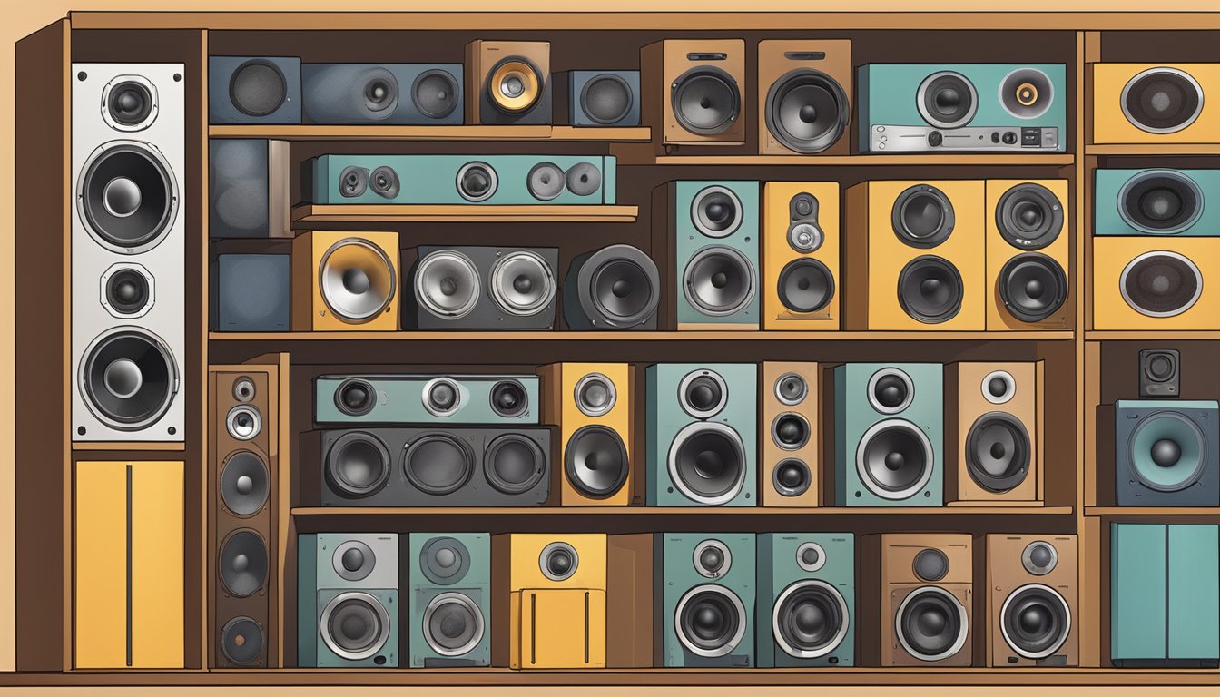 Various speaker types displayed on shelves with labels. A person pointing to a specific speaker
