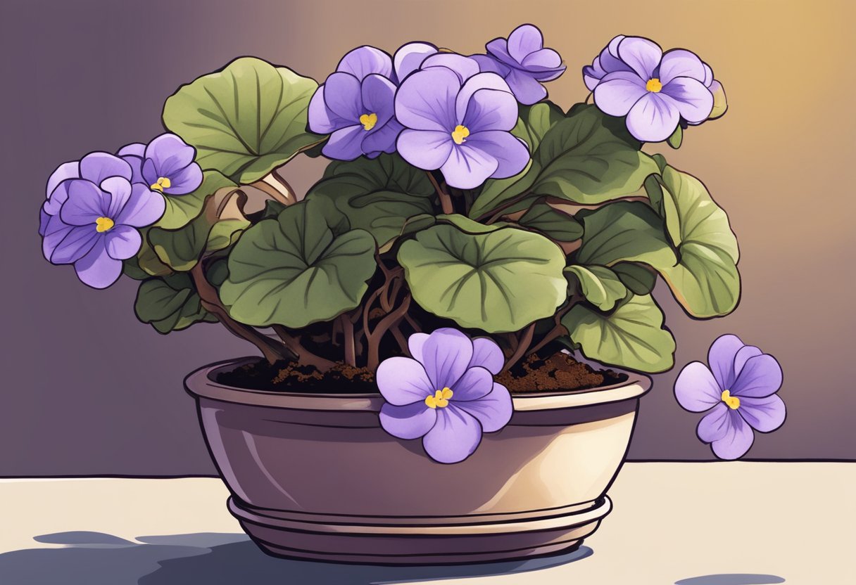 Healthy African violet plant with brown leaves, sitting in a bright, indirect light spot. Soil is moist but not waterlogged