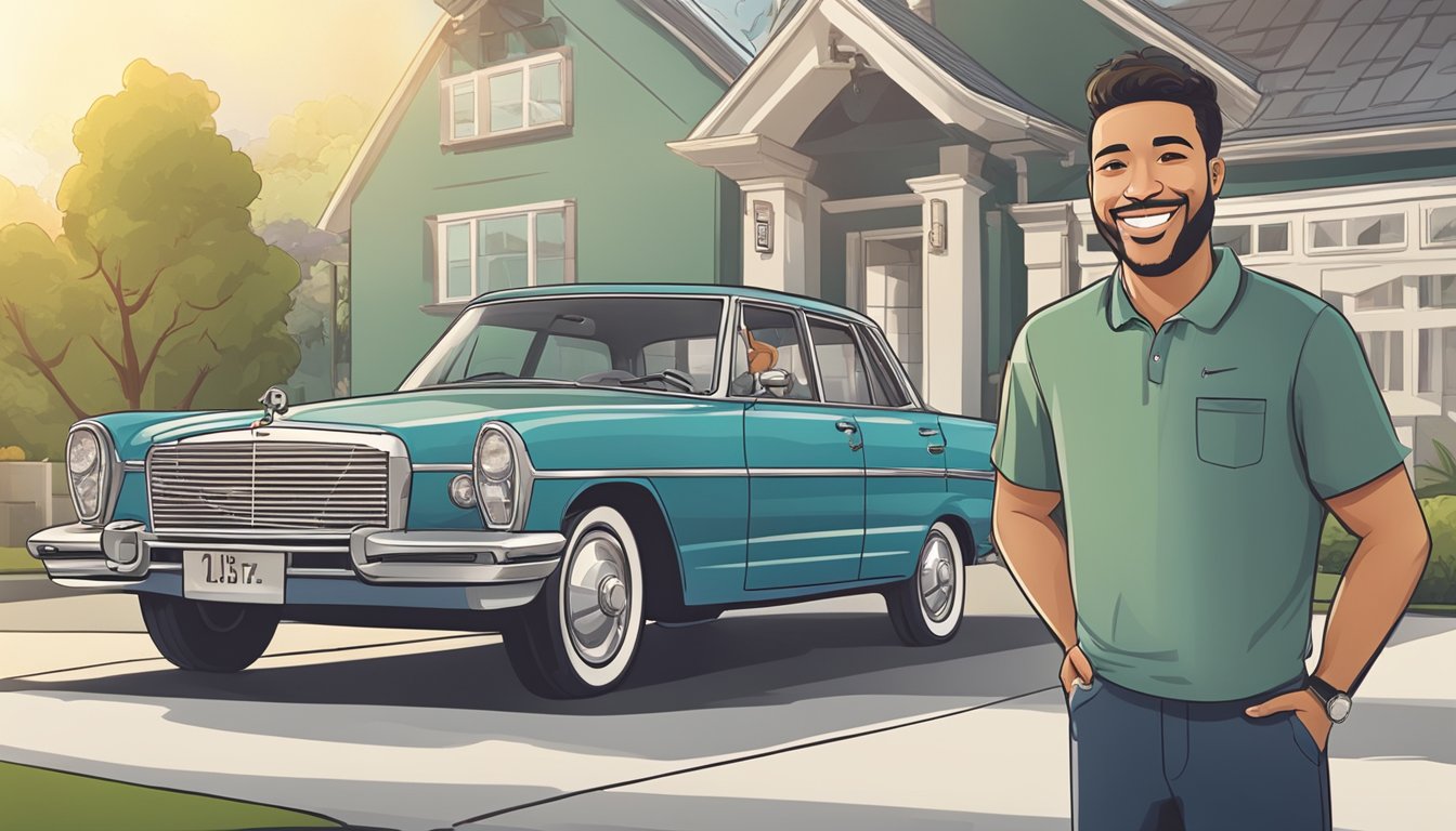 A car parked in a driveway with a satisfied owner smiling and holding the keys. The car's logo is prominently displayed, and the surrounding environment is clean and well-maintained