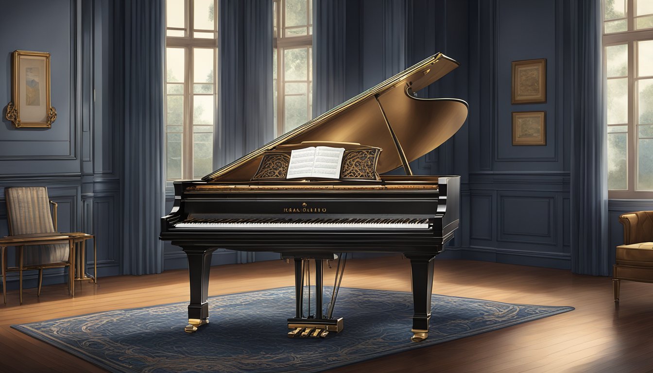 A grand piano sits in a dimly lit room, showcasing the intricate craftsmanship and rich history of the renowned piano brand