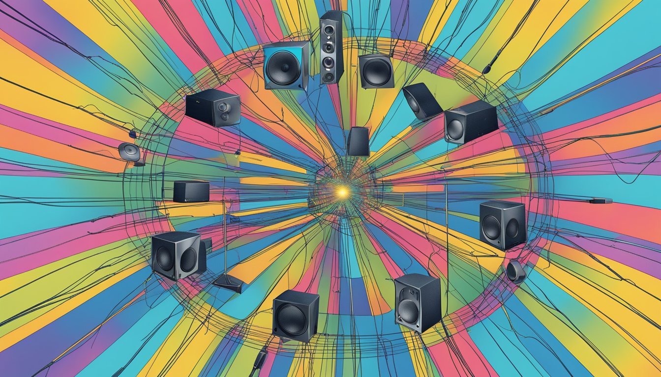 Multiple speaker brands connected by wires, integrating into a central hub, emitting sound waves in all directions