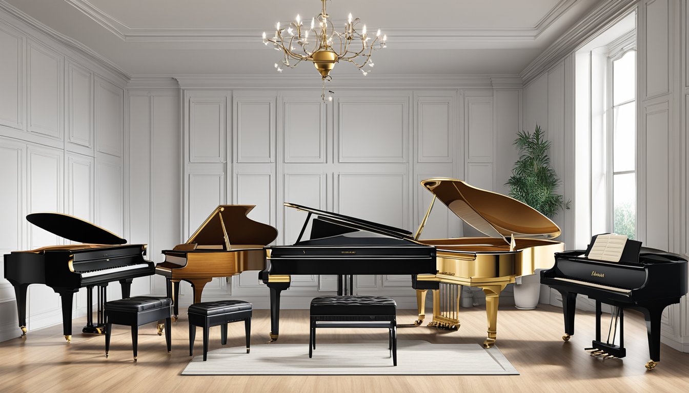 Various pianos line the room, showcasing different brands and types. Grand, upright, digital, and player pianos are all present, each with its unique design and features
