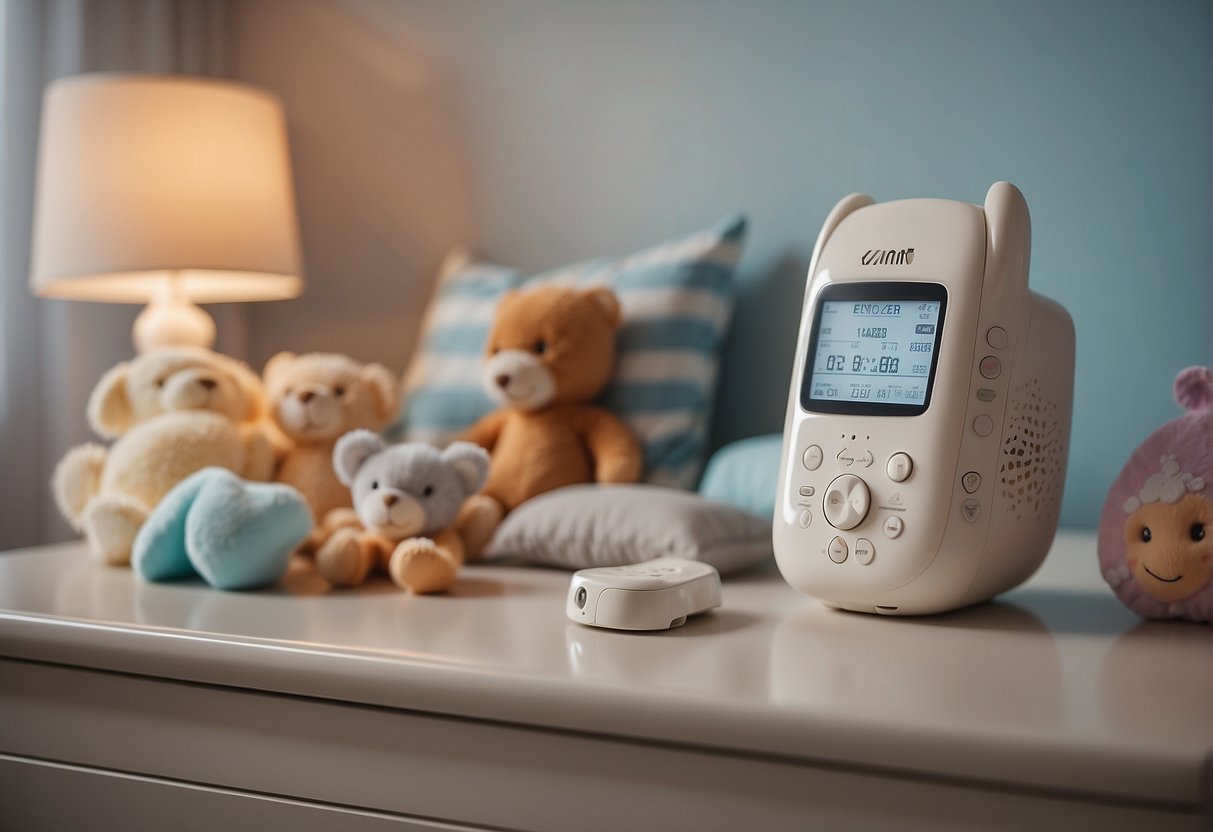 A baby monitor sits on a dresser, transmitting signals to a receiver across a spacious nursery. The room is decorated with soft pastel colors and filled with baby furniture and toys
