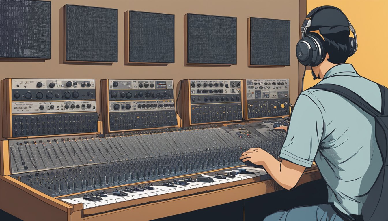 A sound engineer adjusts knobs on a mixing board while speaker designs from various brands are displayed on a wall