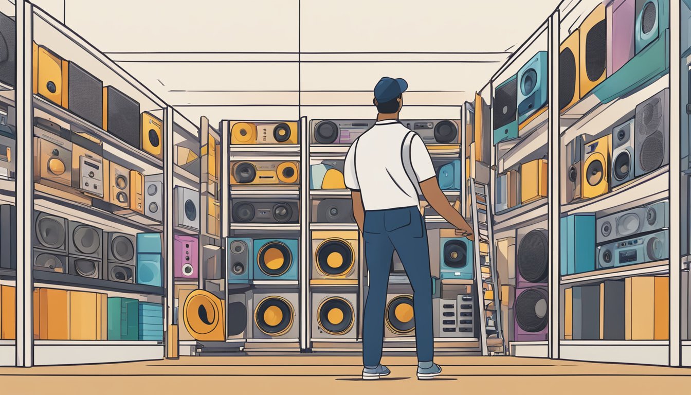 A collection of diverse speaker brands displayed on shelves, with a person approaching to ask questions