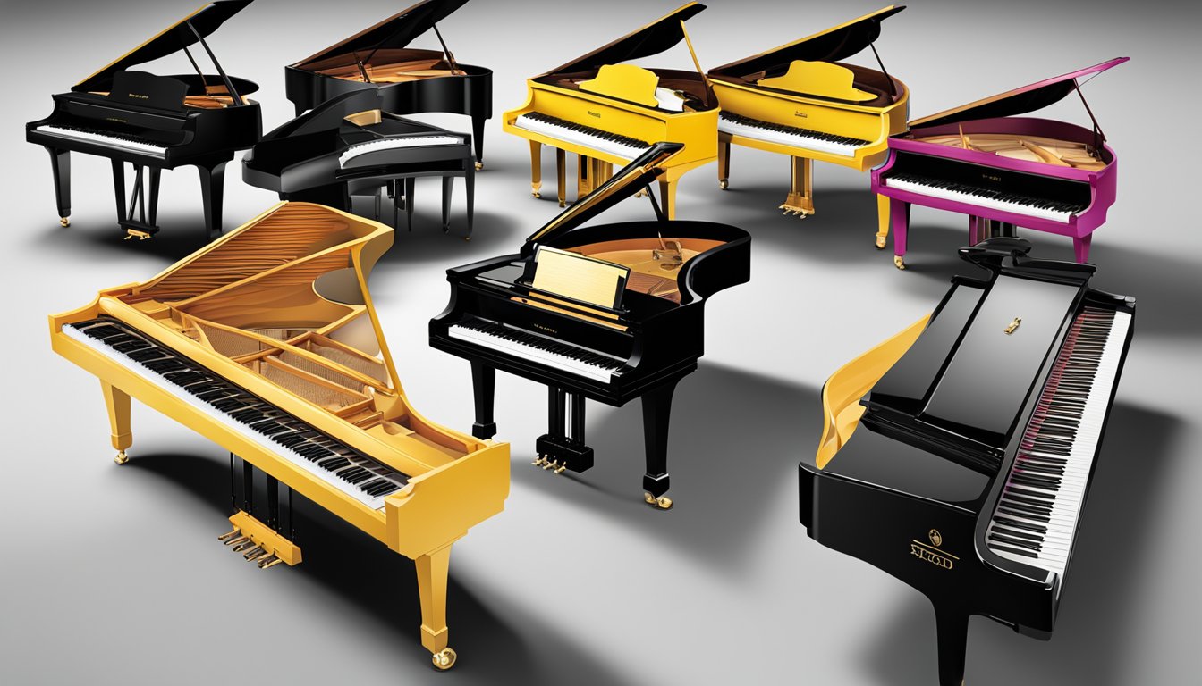 A row of grand pianos from leading manufacturers, each displaying their distinct brand logo and design