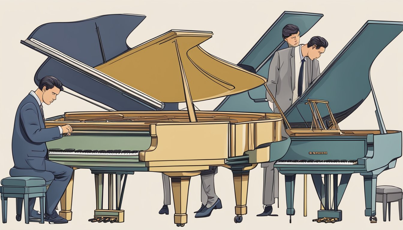 A person carefully compares different piano brands, examining their features and quality
