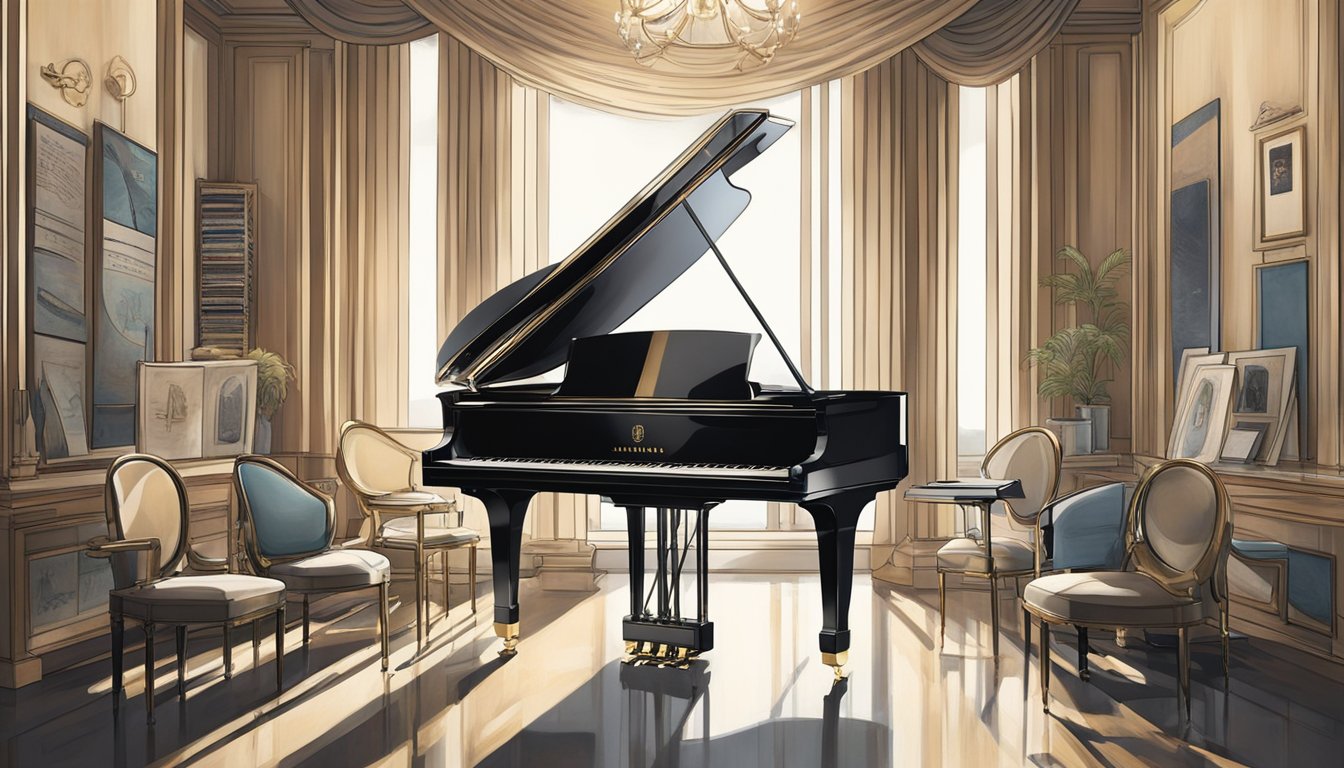 A grand piano sits center stage, adorned with the iconic logos of Steinway, Yamaha, and Kawai. The spotlight highlights their sleek designs and polished finishes, symbolizing their presence in popular culture