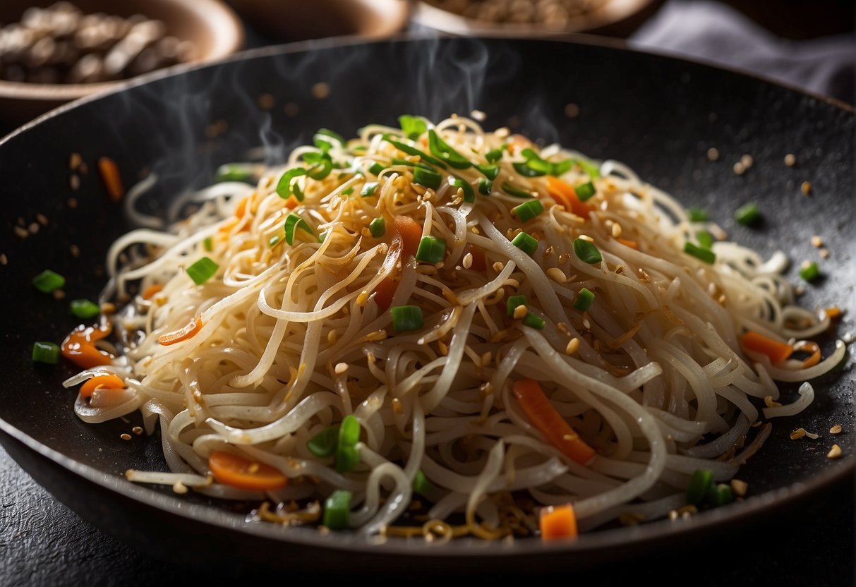 A wok sizzles as bean sprouts, garlic, and ginger fry in hot oil. Soy sauce and sesame oil are added, creating a savory aroma