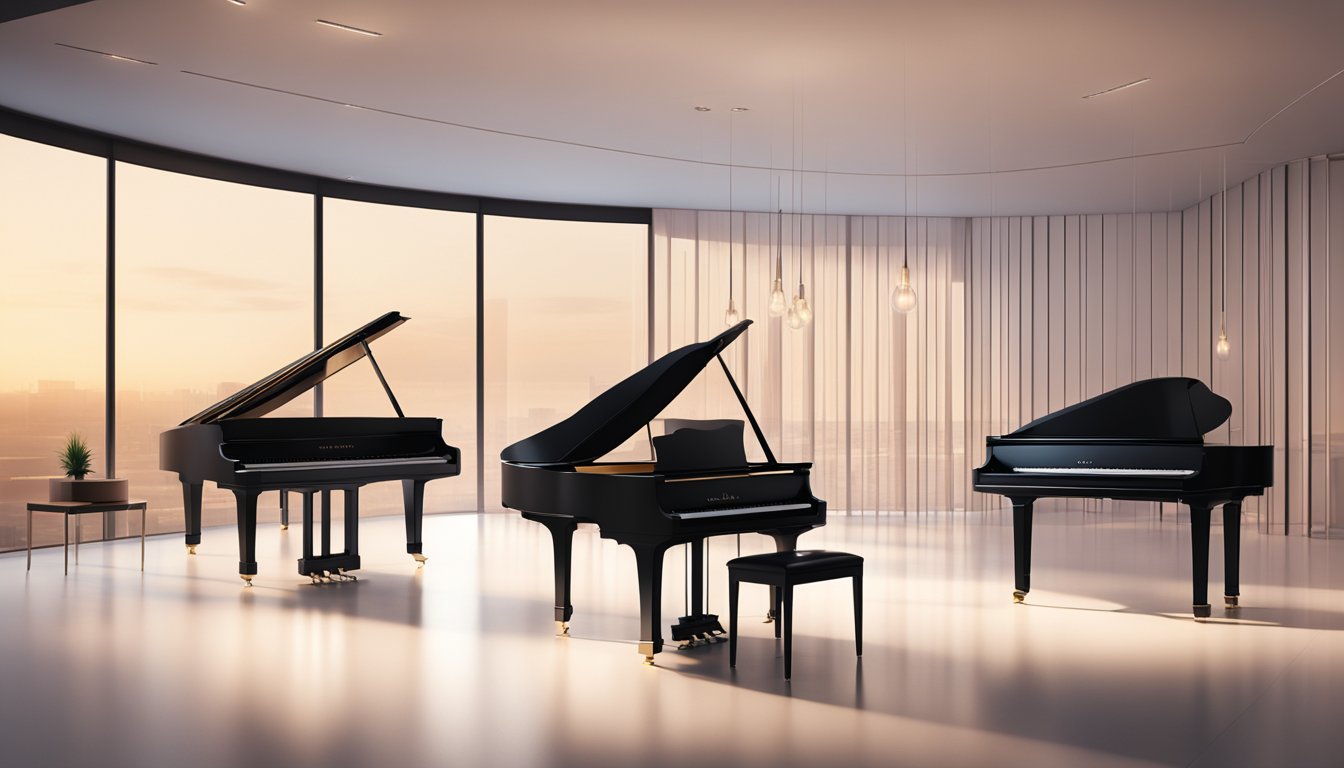 A lineup of sleek, modern piano brands displayed in a futuristic showroom. The brands are illuminated by soft, ambient lighting, creating a sense of elegance and sophistication