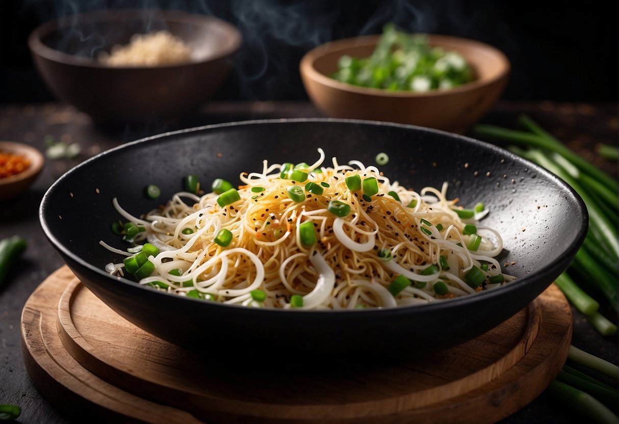 A wok sizzles with bean sprouts, garlic, and ginger in a fragrant cloud of sesame oil and soy sauce. Chopped green onions and a sprinkle of sesame seeds add the finishing touch