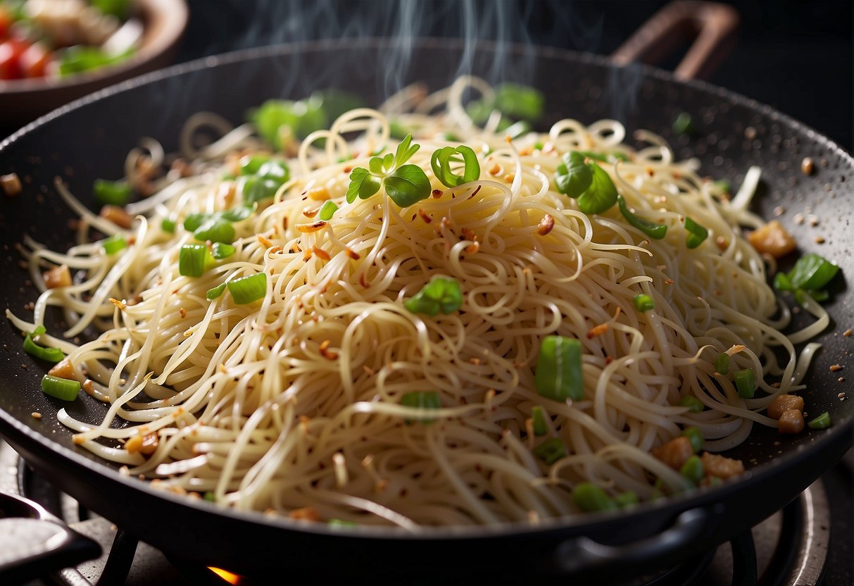 Bean sprouts sizzle in a hot wok with garlic, ginger, and soy sauce. Steam rises as they are tossed and stir-fried in a traditional Chinese cooking style