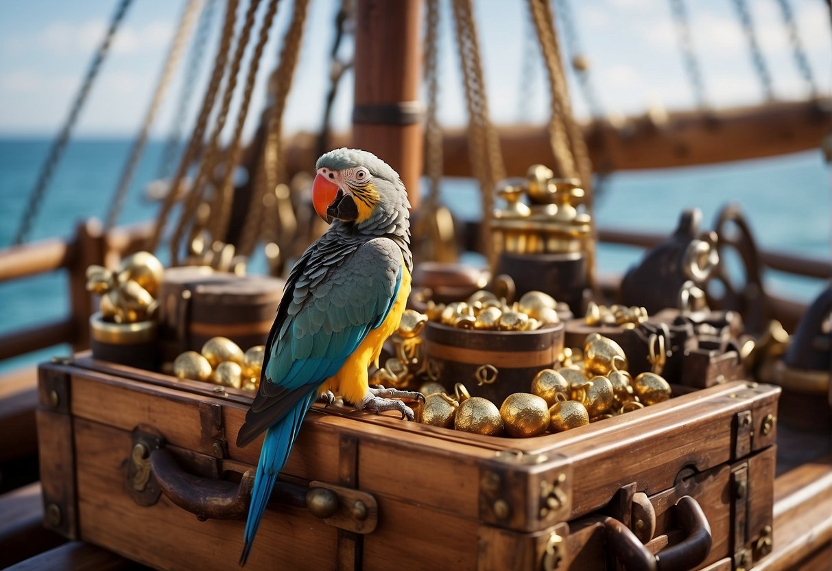 A parrot perched on a wooden pirate ship, surrounded by treasure chests and a Jolly Roger flag, squawking pirate jokes to a group of laughing animal crewmates