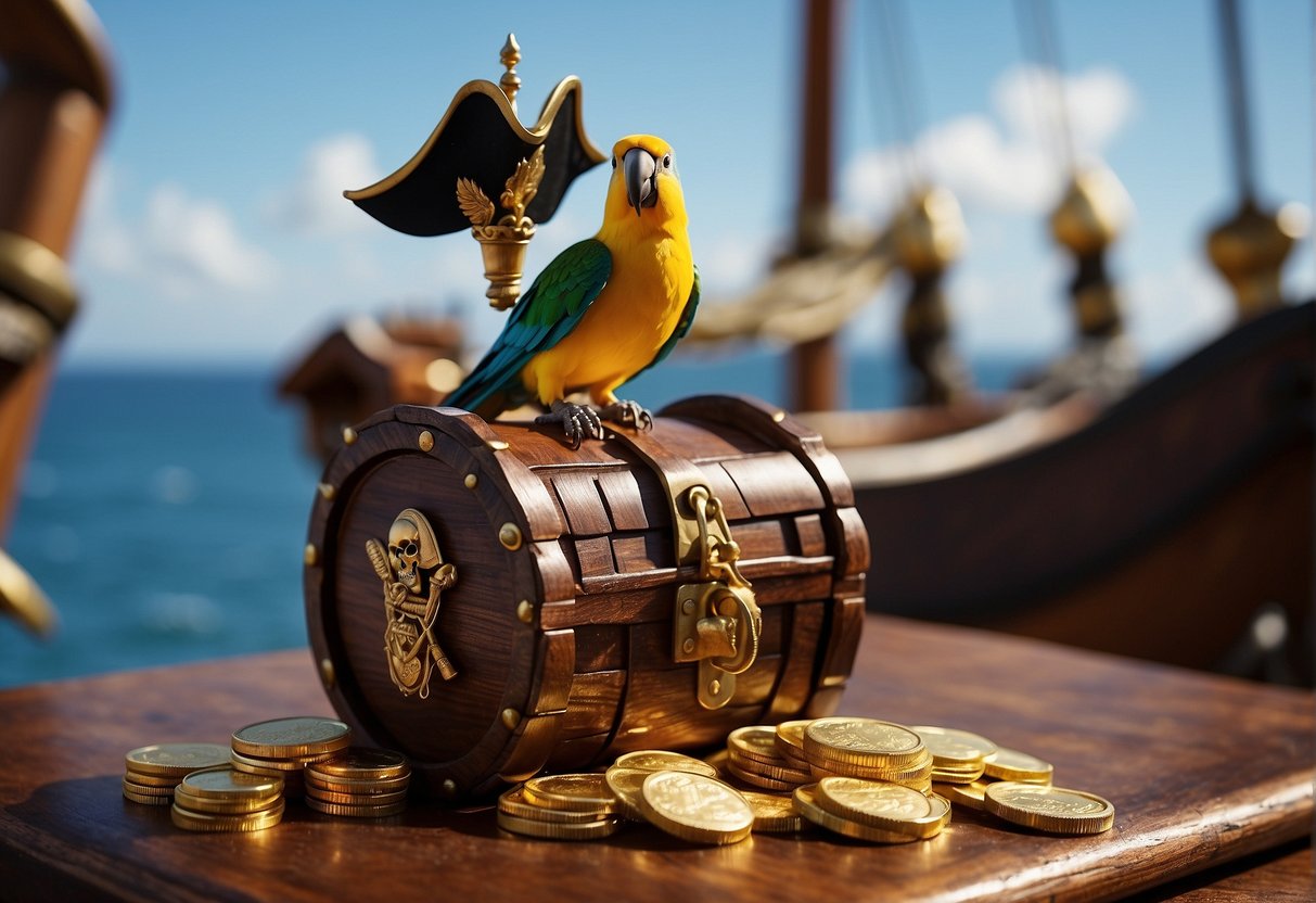 A pirate ship with a Jolly Roger flag flying, a treasure chest overflowing with gold coins, and a parrot perched on a wooden barrel, squawking