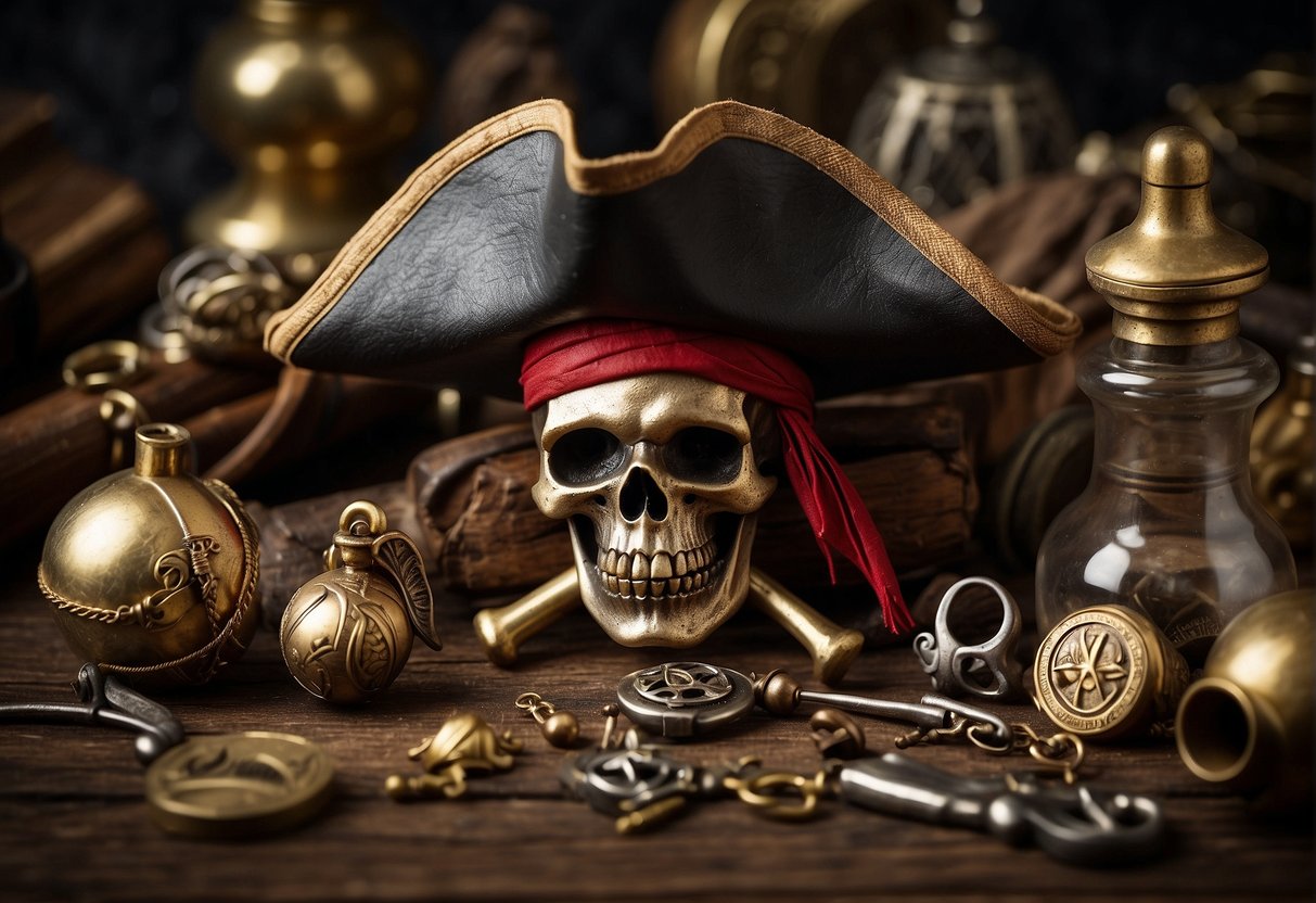 A group of pirate-themed objects and symbols arranged in a playful and whimsical manner, with a mix of classic pirate imagery and comical elements