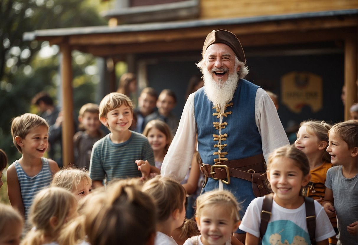 Long John stands on deck, surrounded by children. He tells pirate jokes, laughing heartily as they giggle and listen intently