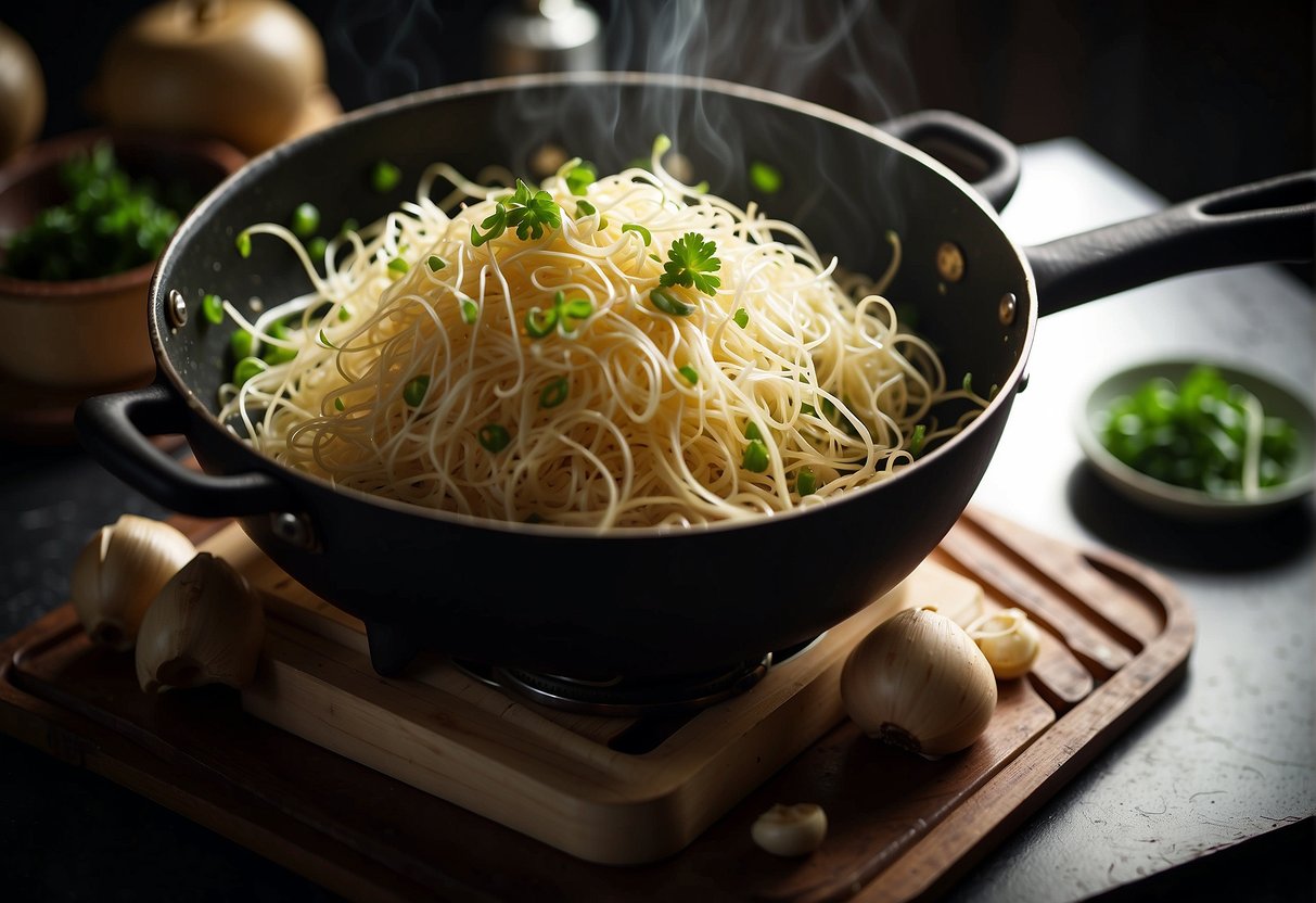 Bean sprouts sizzle in a wok with ginger, garlic, and soy sauce. Steam rises, filling the kitchen with savory aroma