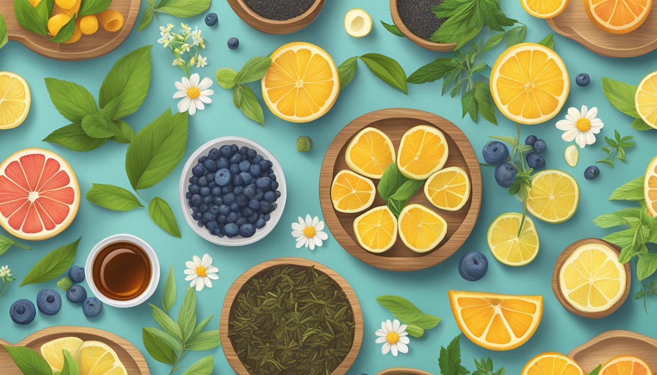A variety of health and wellness tea brands arranged on a wooden table with natural elements such as herbs, flowers, and fruits scattered around for a vibrant and fresh feel
