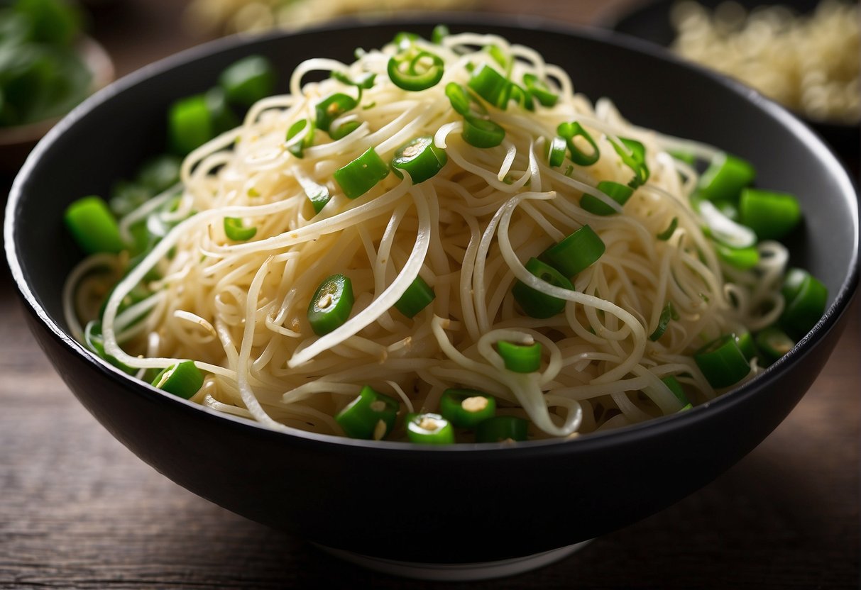 A bowl of bean sprouts stir-fried with garlic, ginger, and soy sauce. Garnished with sliced green onions and sesame seeds