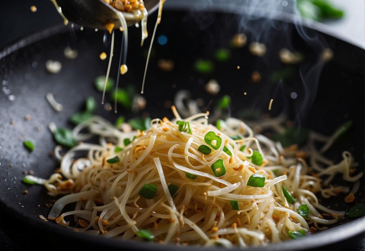 Bean sprouts sizzle in a wok with garlic, ginger, and soy sauce. Steam rises as the ingredients are tossed together over high heat