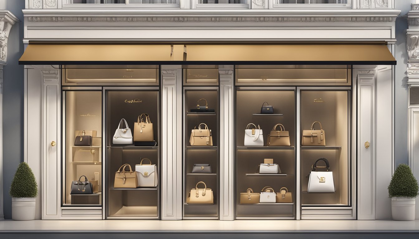 Luxury Paris bag brands displayed in a high-end boutique window, with elegant designs and iconic logos
