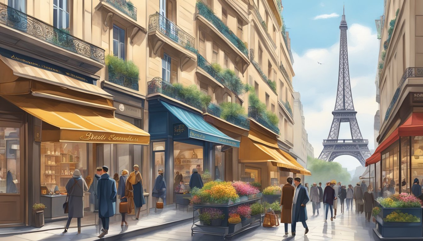 A busy Parisian street with elegant storefronts displaying iconic bag brands. The Eiffel Tower looms in the background, adding to the city's allure