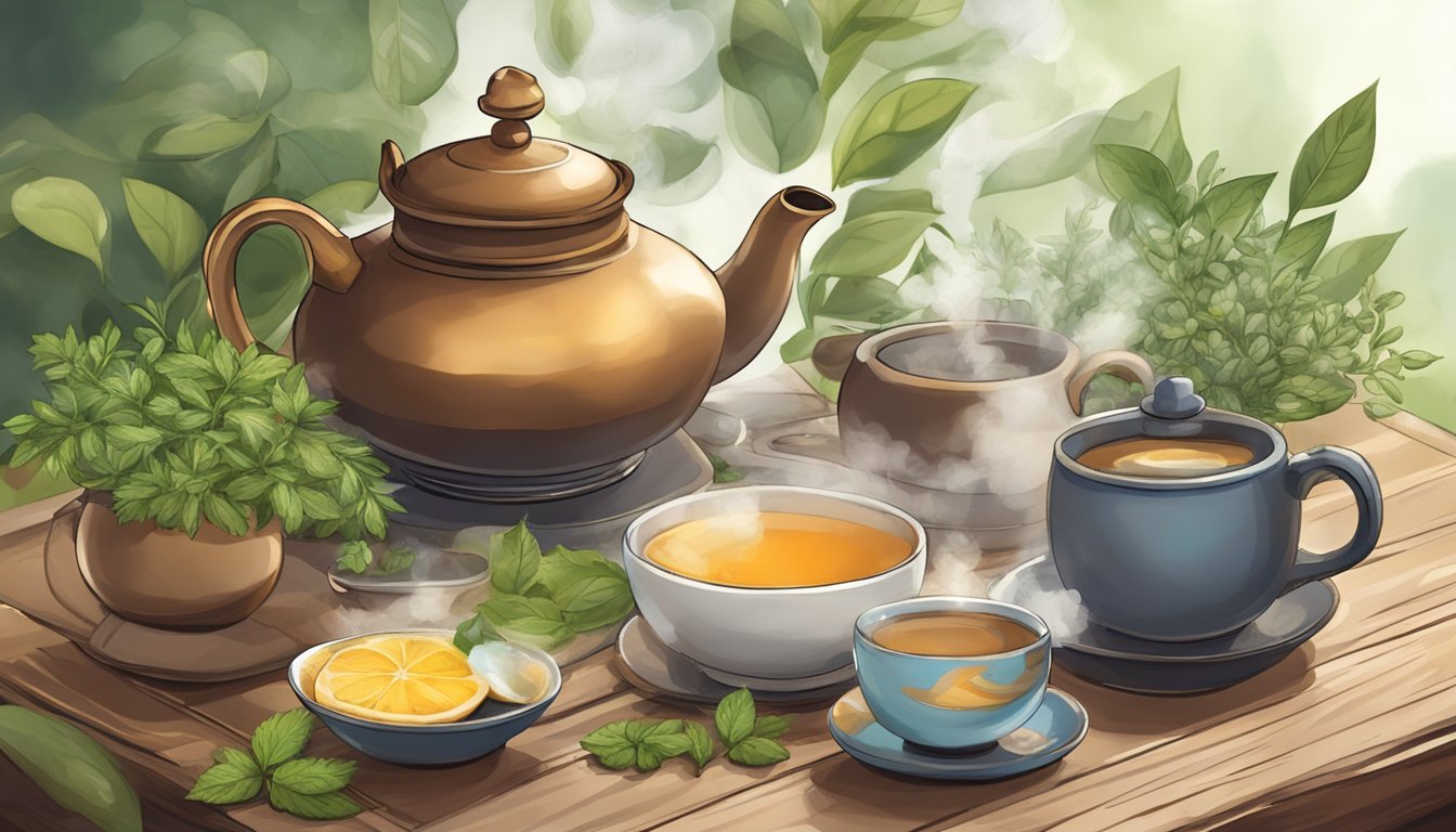Steaming teapot and cups on a wooden table, surrounded by loose tea leaves and fresh herbs. A serene, cozy atmosphere suggests relaxation and enjoyment