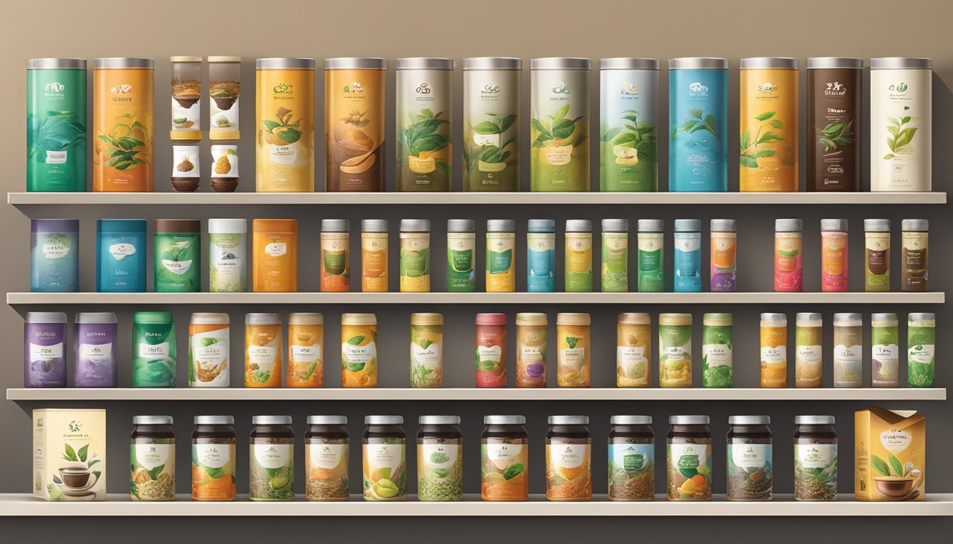 Various tea brands displayed on shelves, with innovative packaging and unique flavors