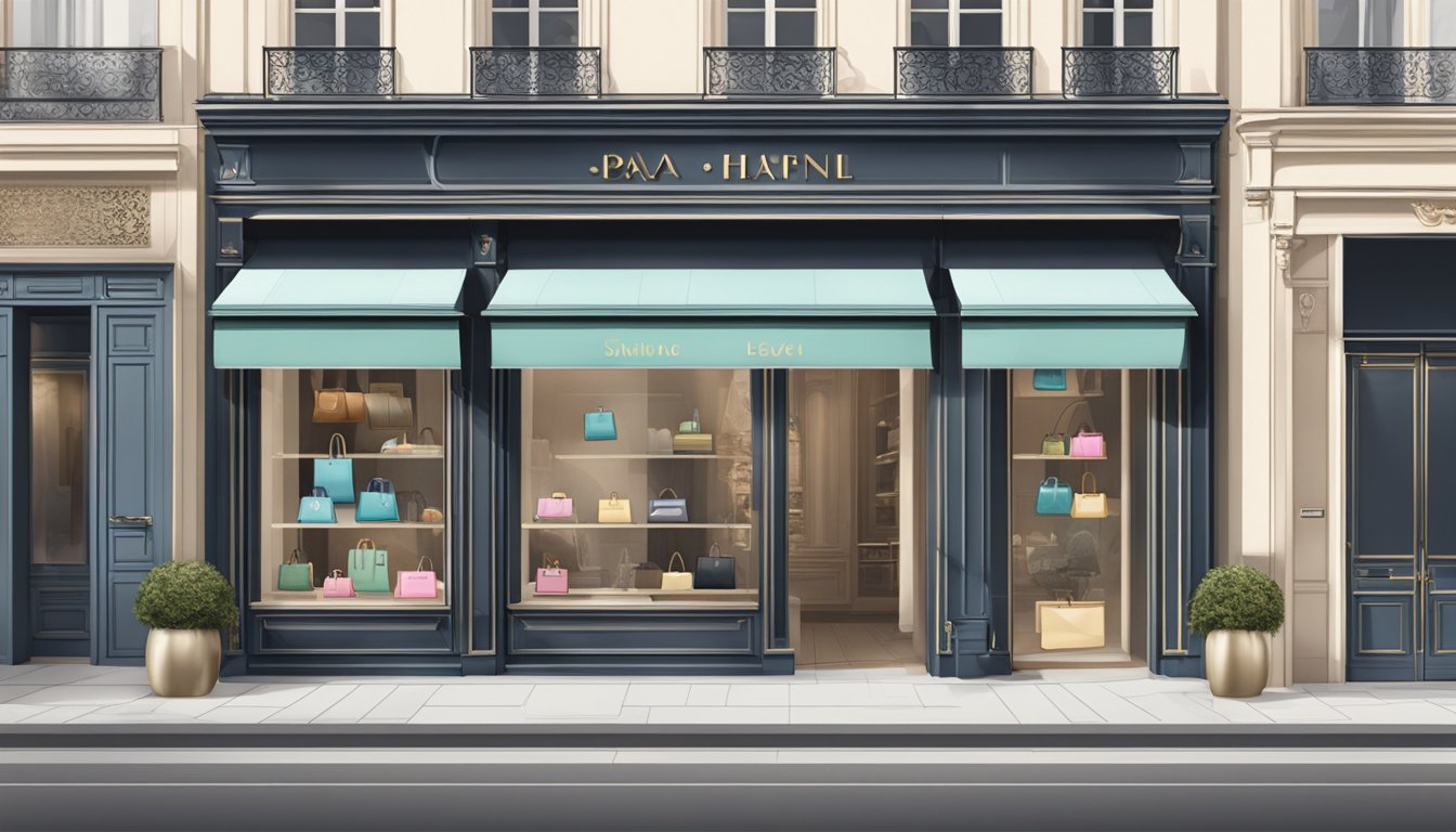 A chic Parisian storefront displays trendy bag designs by contemporary designers