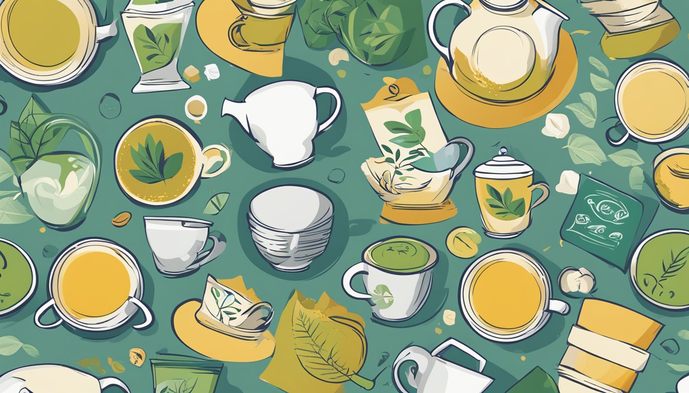 Various tea brands' logos surround a central "Frequently Asked Questions" header, with question marks scattered around