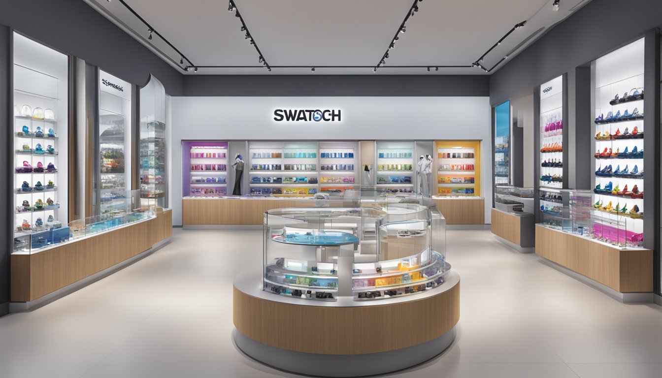 A display of Swatch Group brands, featuring colorful and innovative watches arranged in a sleek and modern showcase