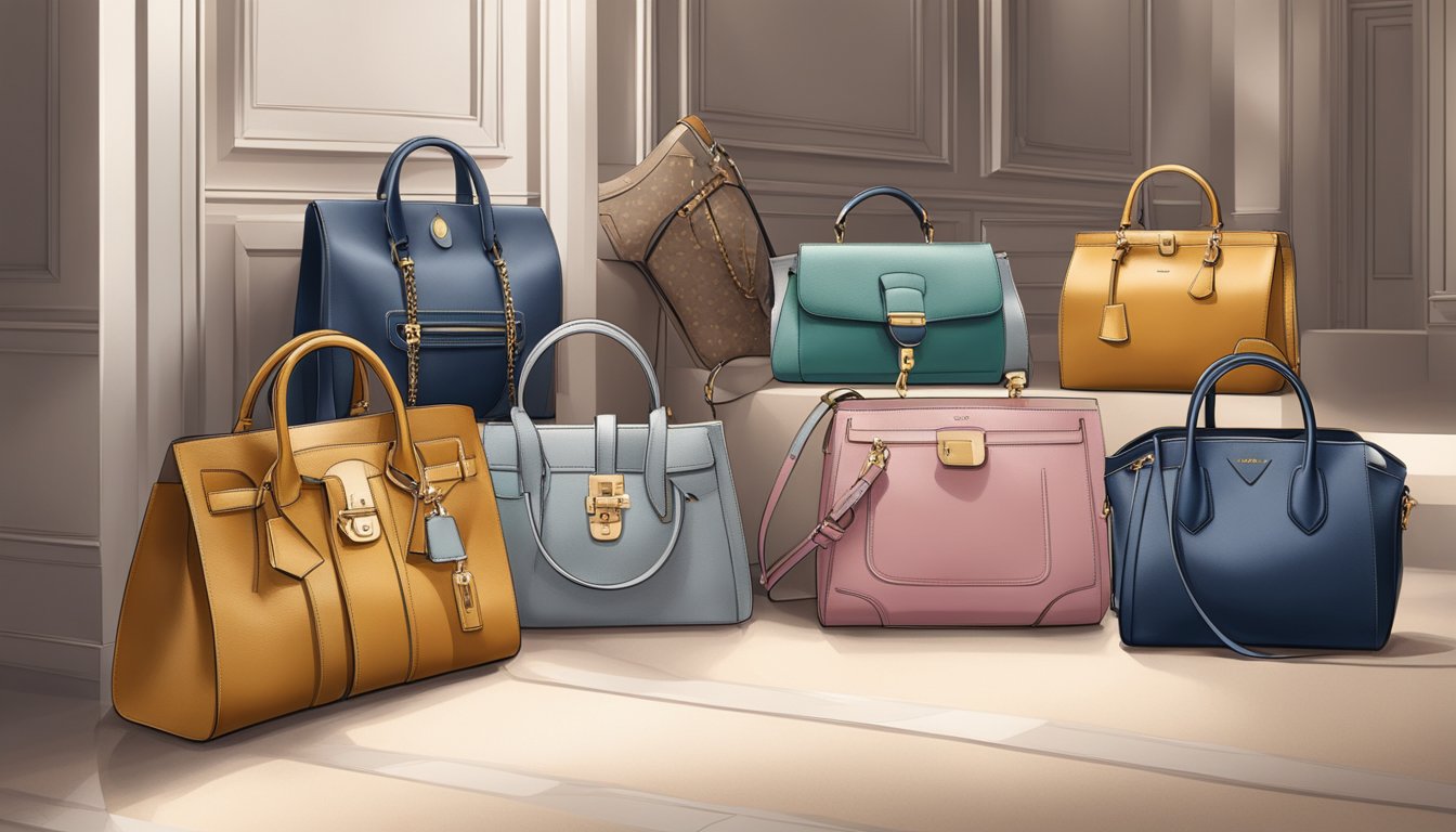 A display of iconic Parisian bag brands, showcasing both trendy and timeless pieces in a chic setting