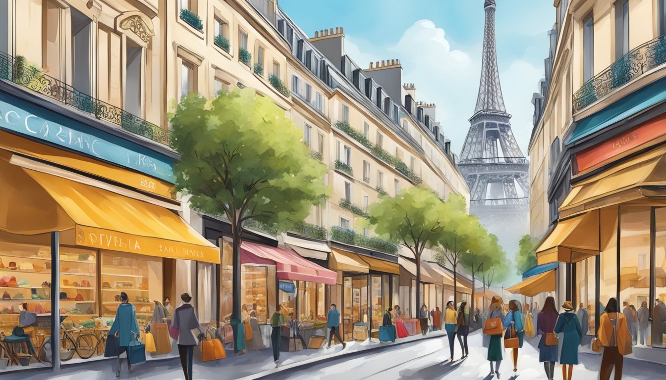 A bustling Paris street lined with colorful storefronts showcasing a variety of luxurious bags and accessories from renowned brands