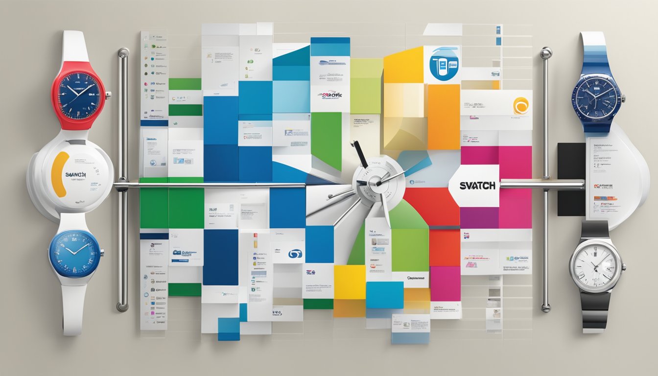 A timeline of Swatch Group brand logos, from past to present, displayed in a museum-like setting with accompanying historical information